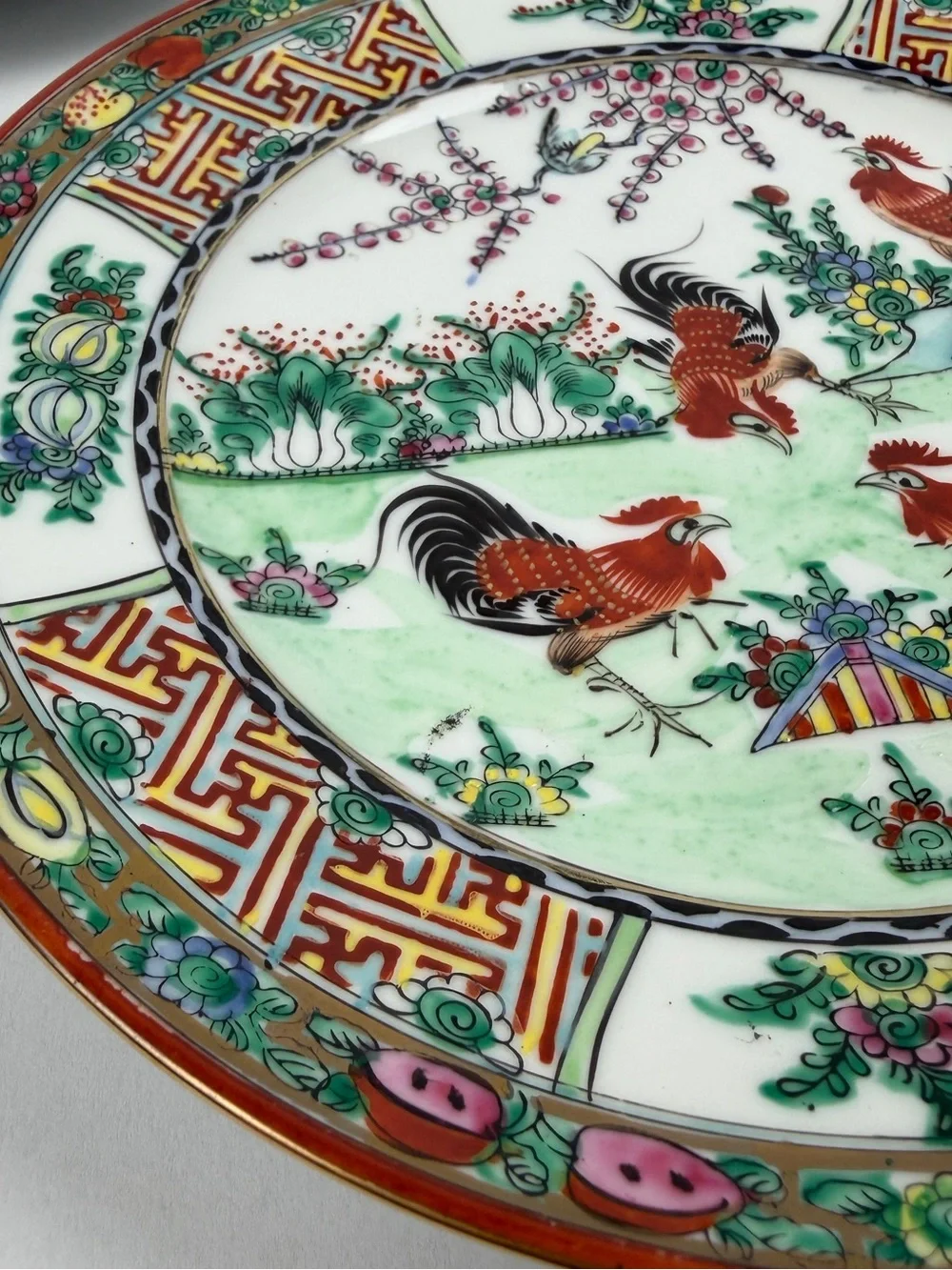Chinese Famille Rose Canton Rooster Porcelain Plates Set of 3, 8” Hong Kong